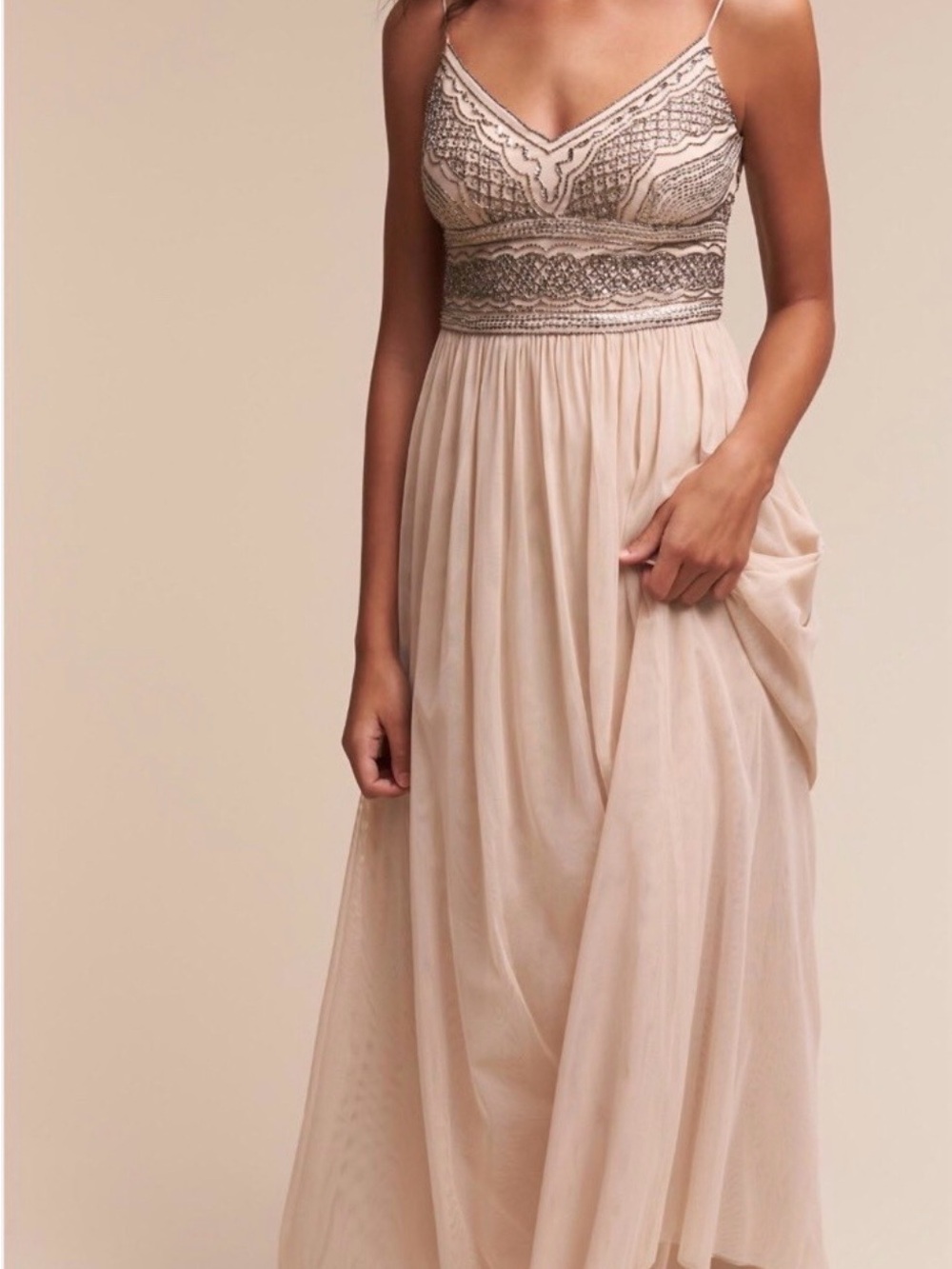 Adrianna Papell “Aida” Beaded V-Neck Maxi Dress in Beige - Picture 3 of 13